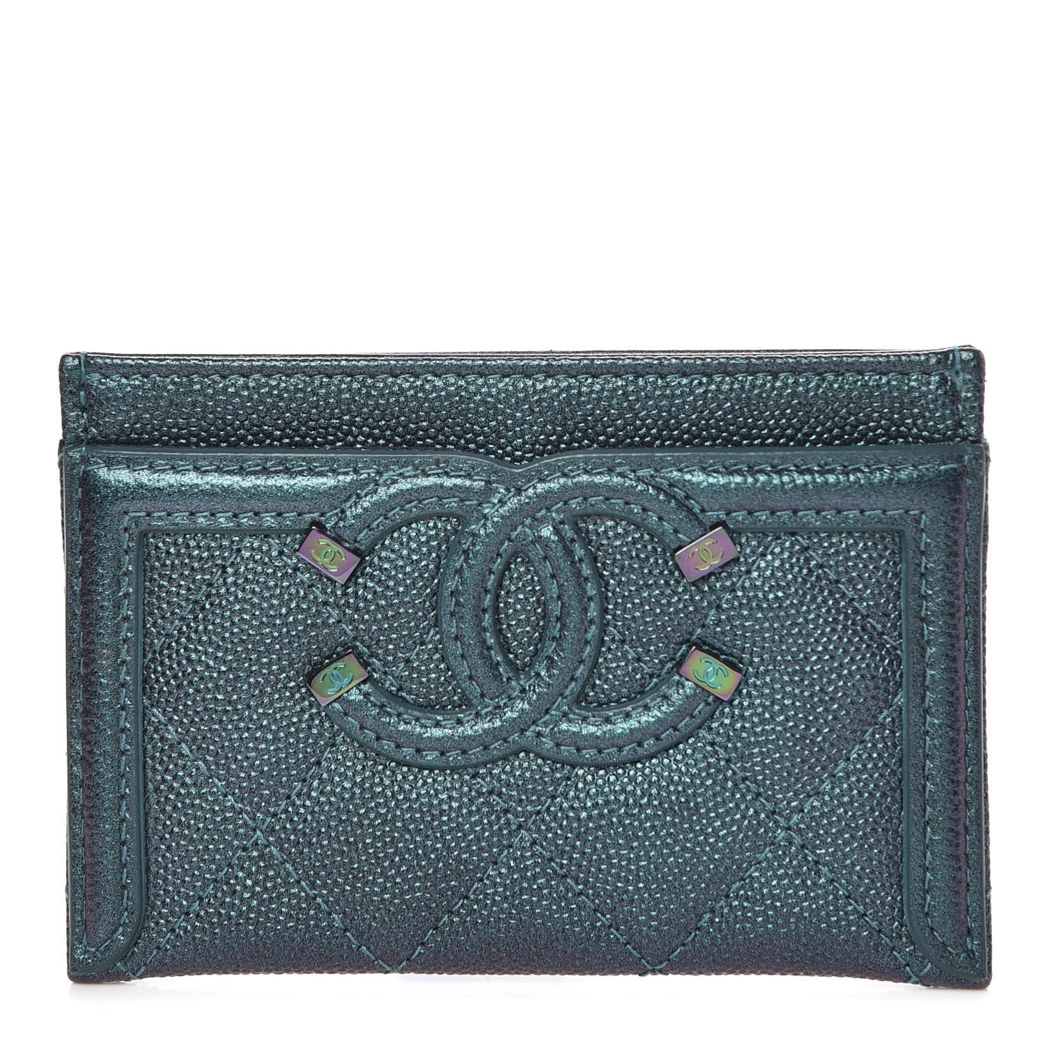 Chanel Iridescent Caviar Quilted Filigree Card Holder Dark Turquoise 1 of 9