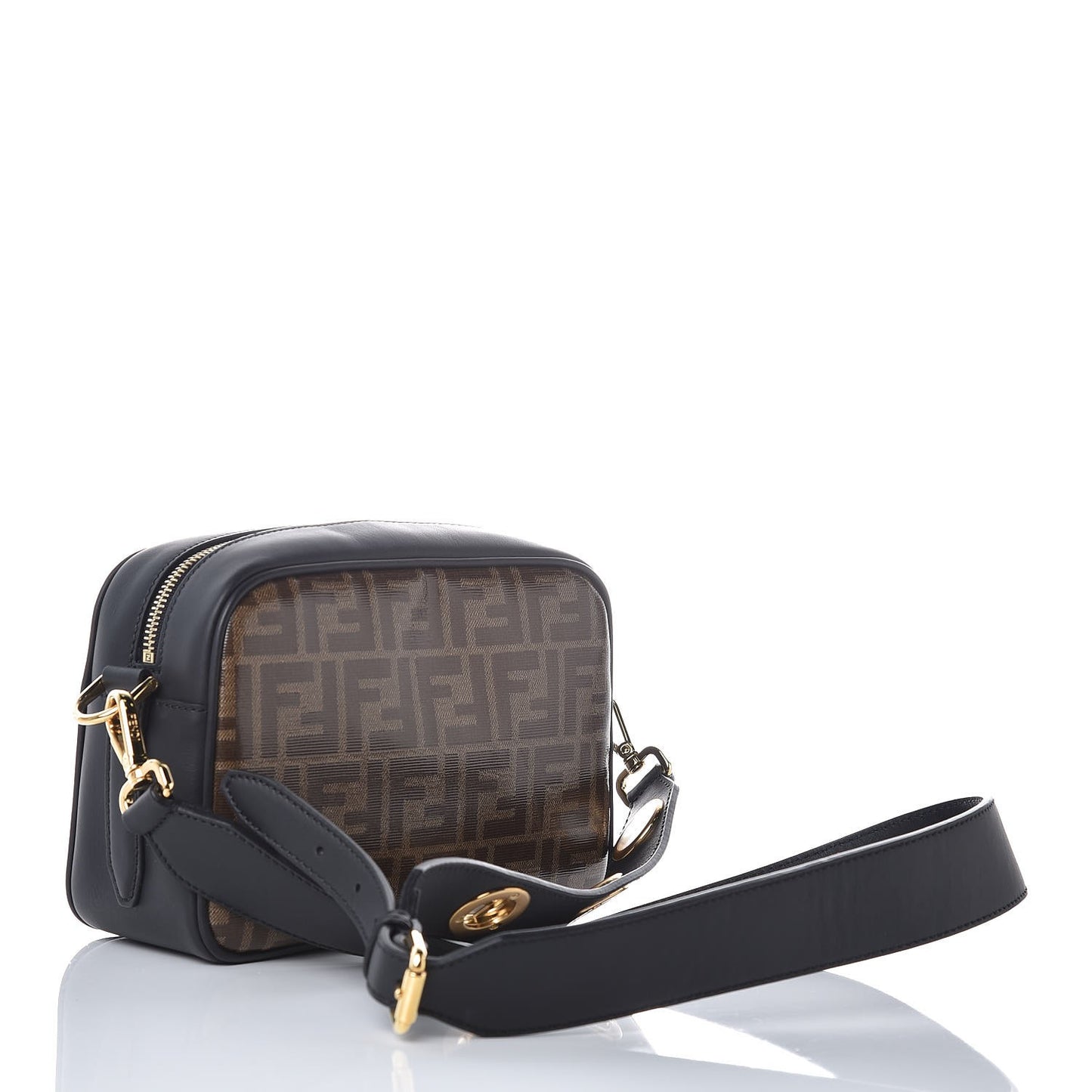 Glazed Fabric Vitello Century F is Fendi FF 1974 Stamp Patch Camera Case Mogano Panna Black