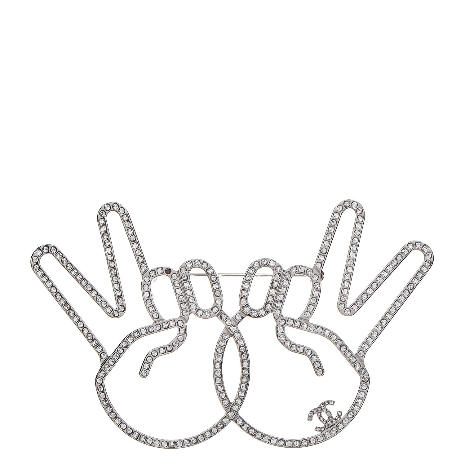 Chanel Strass Crystal Peace Sign Emoji Brooch Silver 1 of 6
