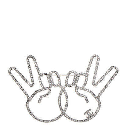 Chanel Strass Crystal Peace Sign Emoji Brooch Silver 1 of 6