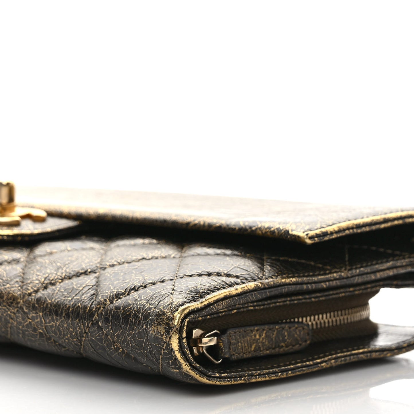 Cracked Metallic Calfskin Quilted Zip Away Chain Clutch Gold