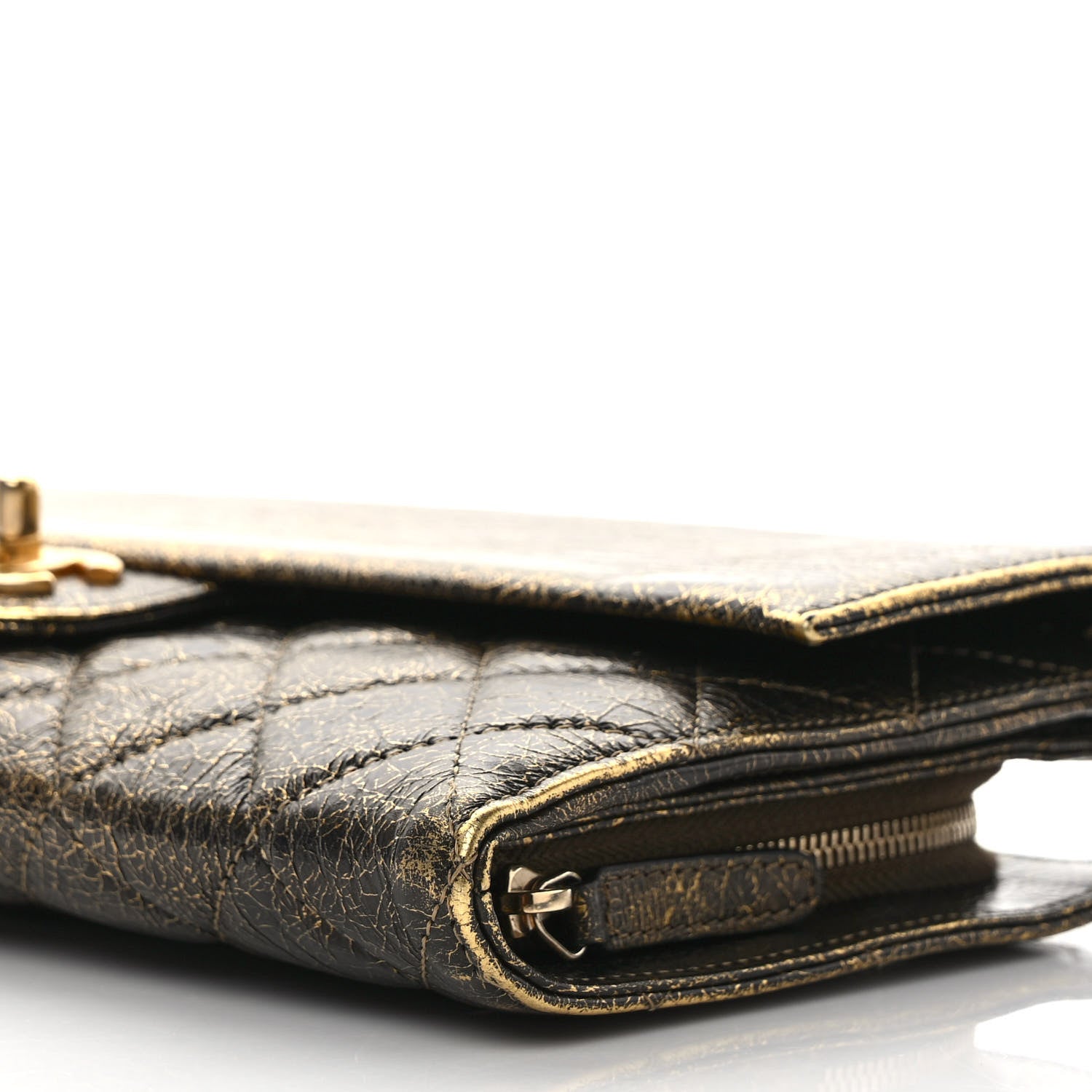 Chanel Cracked Metallic Calfskin Quilted Zip Away Chain Clutch Gold 9 of 10