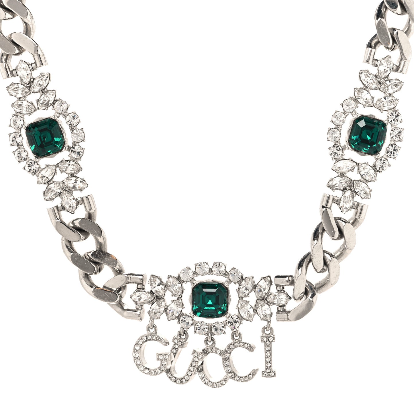 Crystals Gucci Script Choker Necklace Silver Green