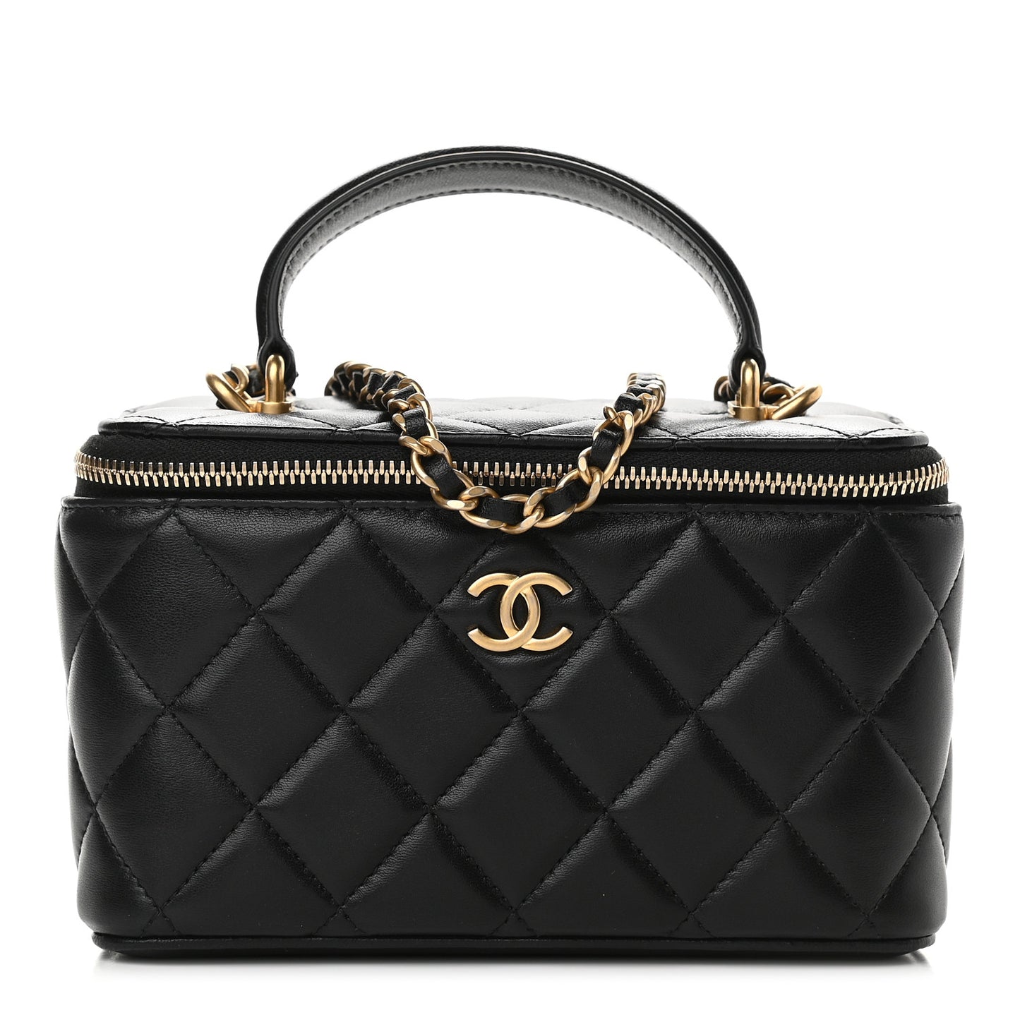 Lambskin Quilted Small Top Handle Vanity Case With Chain Black