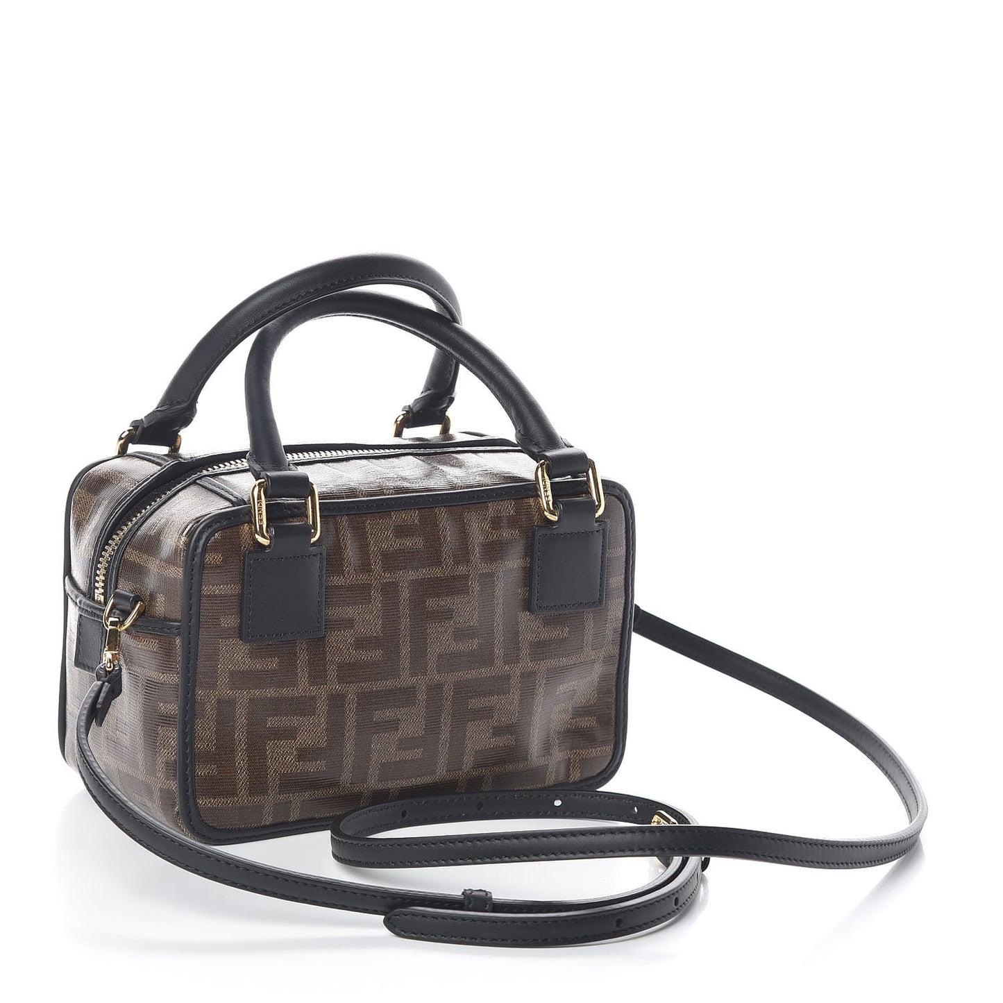 Glazed Fabric Vitello Century FF 1974 Stamp Patch Mini Boston Box Bag Mogano Panna Black