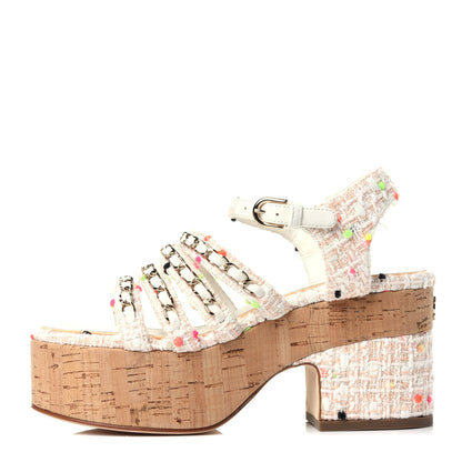 Chanel Tweed Chain Platform Sandals 35 Coral White 1 of 12