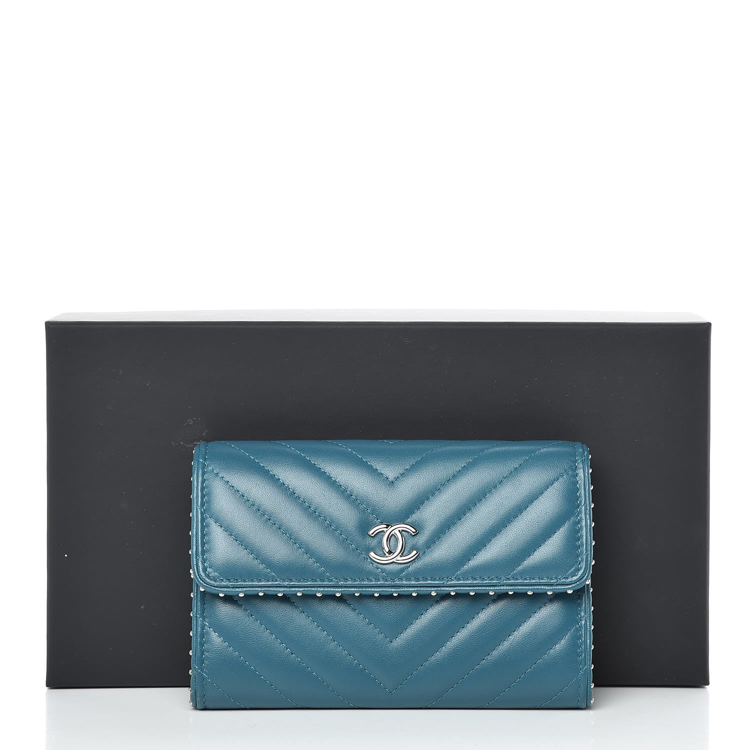 Chanel Lambskin Chevron Quilted Studded Small Flap Wallet Teal 13 of 13