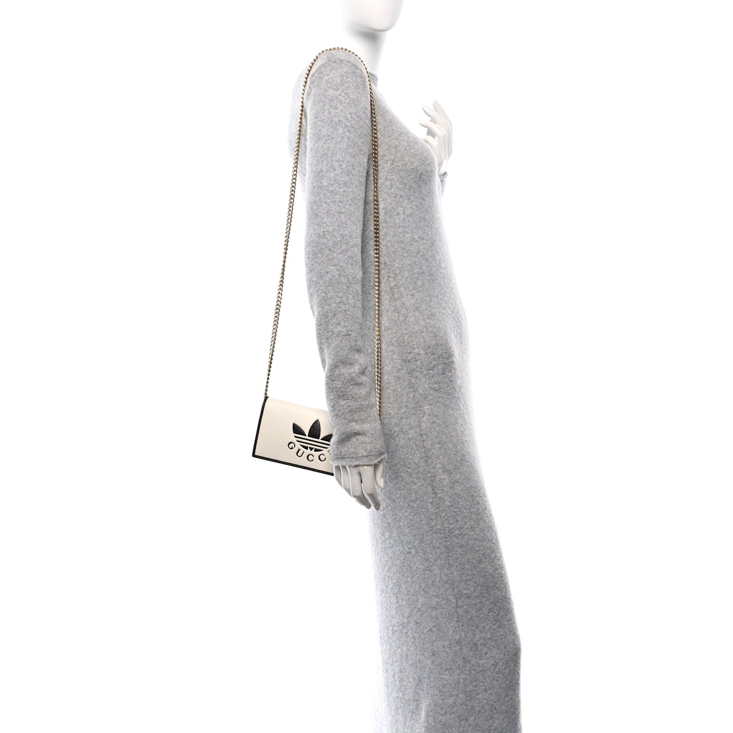 X ADIDAS Textured Dollar Calfskin Trefoil Embossed Wallet On Chain Off White Black