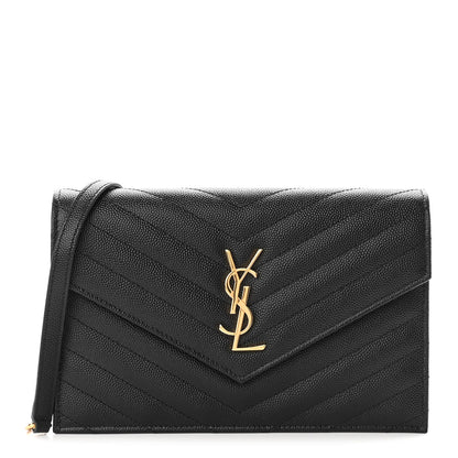 Saint Laurent Grain De Poudre Matelasse Chevron Monogram Envelope Chain Wallet Black 1 of 10