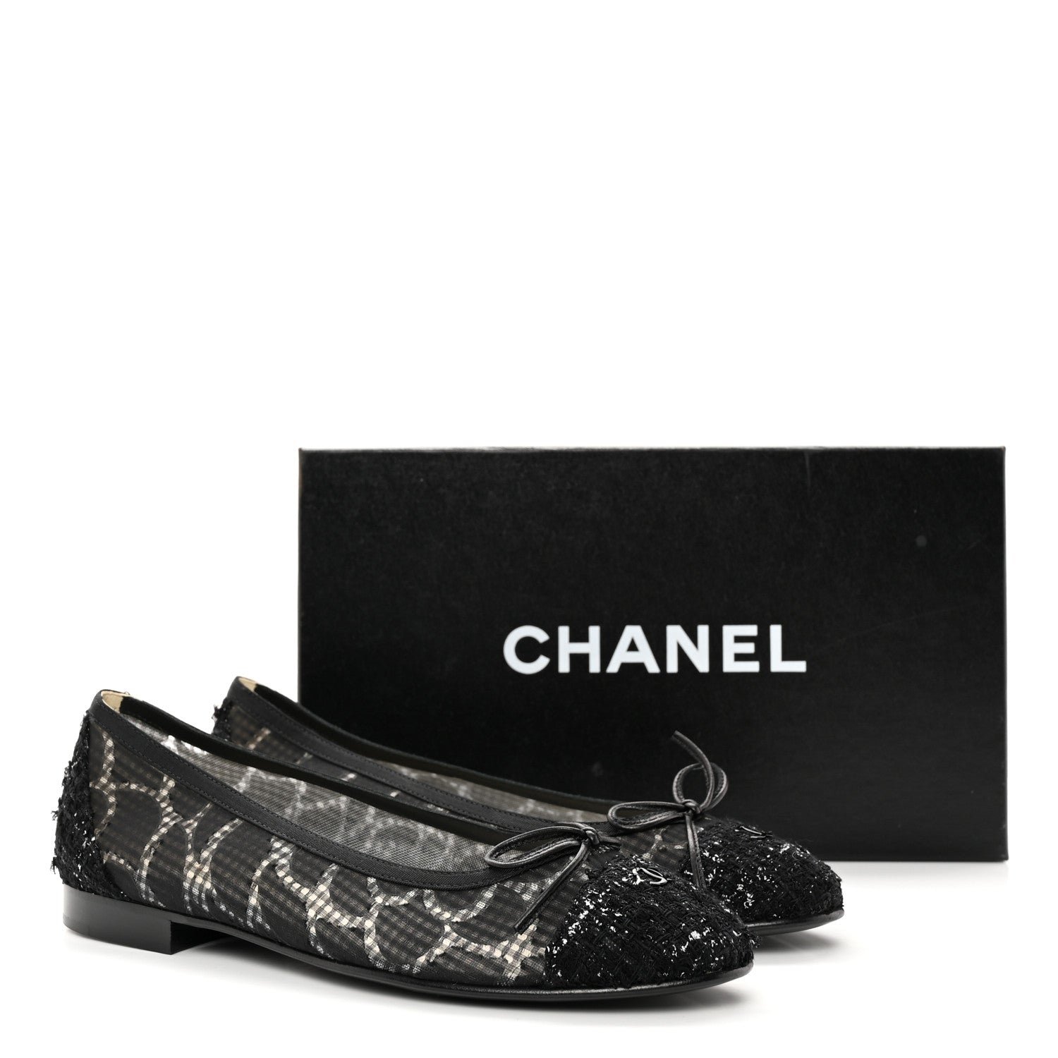 Chanel Tweed Lambskin CC Cap Toe Ballerina Flats 37 Black 10 of 10