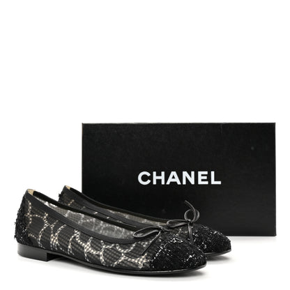 Chanel Tweed Lambskin CC Cap Toe Ballerina Flats 37 Black 10 of 10