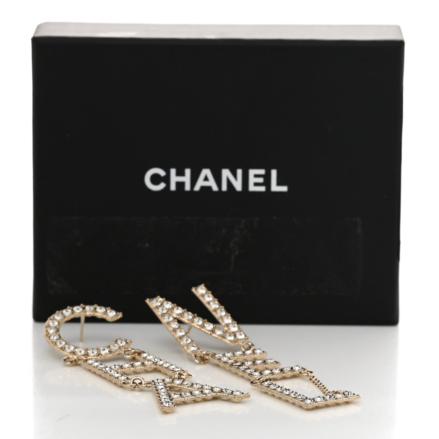 Crystal Cha-Nel Logo Drop Earrings Gold