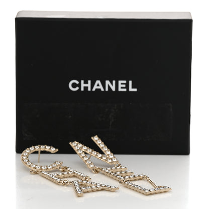 Chanel Crystal Cha-Nel Logo Drop Earrings Gold 5 of 5