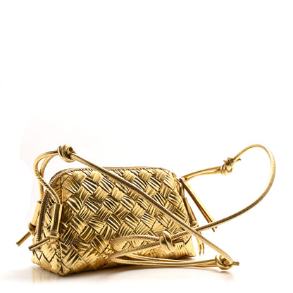Bottega Veneta Laminated Calfskin Intrecciato Embossed Wood Effect Concert Pouch Gold 2 of 10