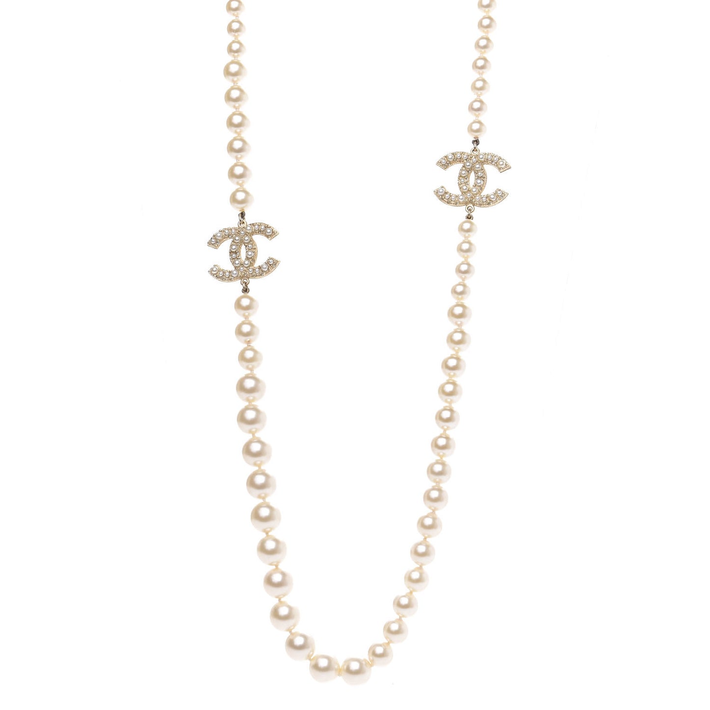 Graduated Pearl CC Long Necklace Light Gold