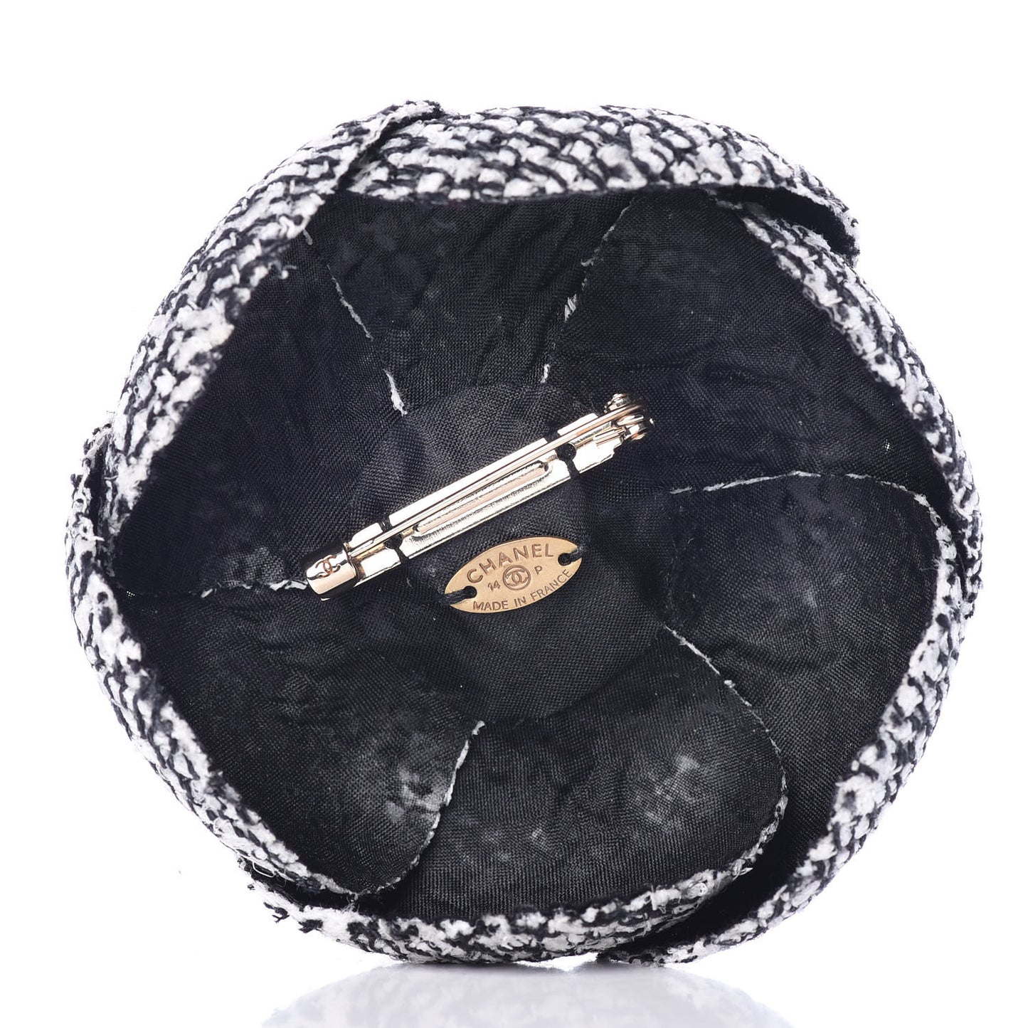 Tweed Pearl Camellia Brooch Black White Grey