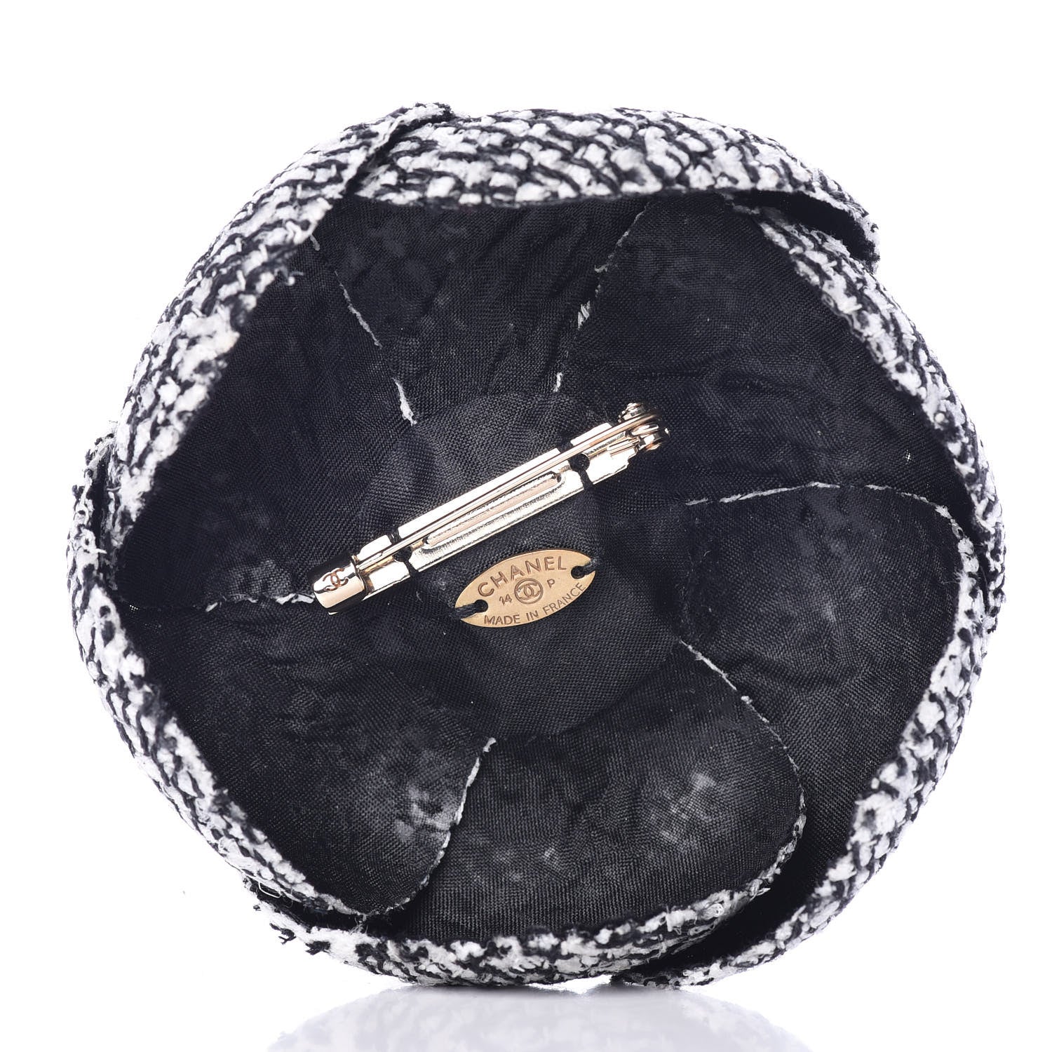 Chanel Tweed Pearl Camellia Brooch Black White Grey 2 of 6