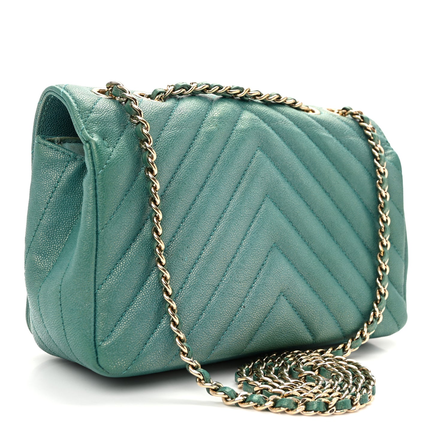 Metallic Caviar Chevron Quilted Small Statement Flap Turqouise