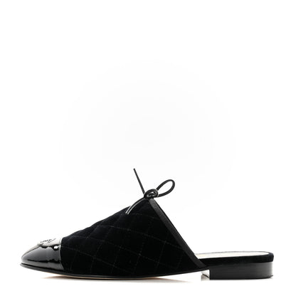 Chanel Velvet Patent Quilted Cap Toe Womens CC Mules 39.5 Black 1 of 11