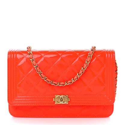 Chanel Patent Calfskin Quilted Boy Wallet On Chain WOC Orange 1 of 11