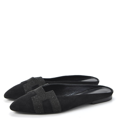 Hermes Suede Goatskin Crystal Roxane Mules 37.5 Black 2 of 9