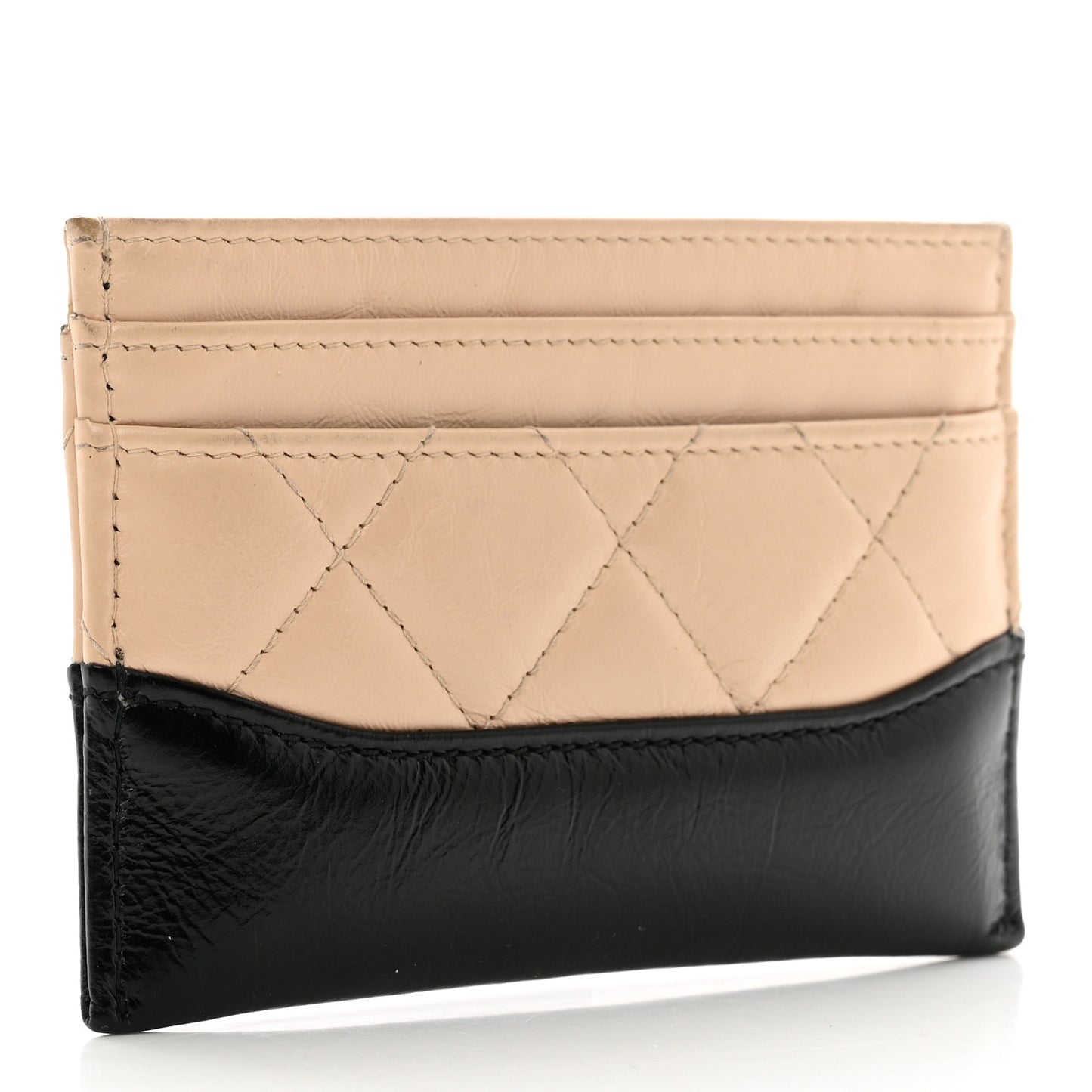 Aged Calfskin Quilted Gabrielle Card Holder Wallet Beige Black