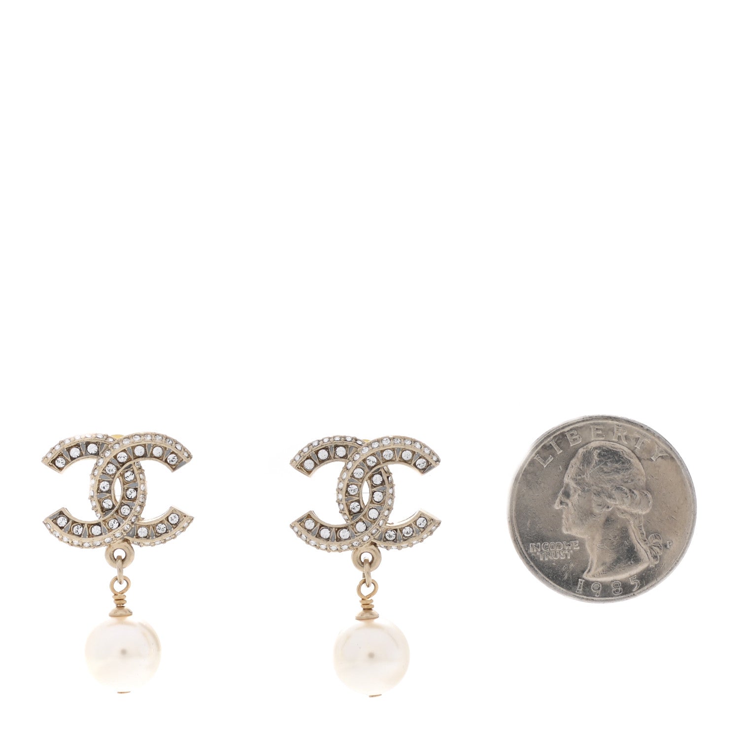Chanel Crystal Timeless CC Pearl Drop Earrings Light Gold 2 of 5