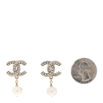 Chanel Crystal Timeless CC Pearl Drop Earrings Light Gold 2 of 5