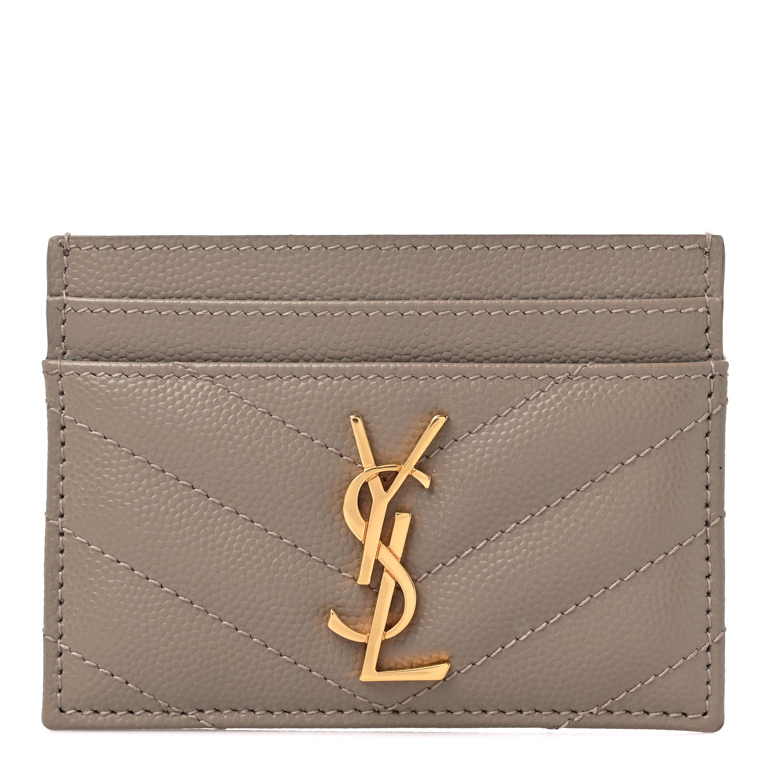 Saint Laurent Grain De Poudre Matelasse Chevron Monogram Credit Card Case Dark Beige 1 of 8