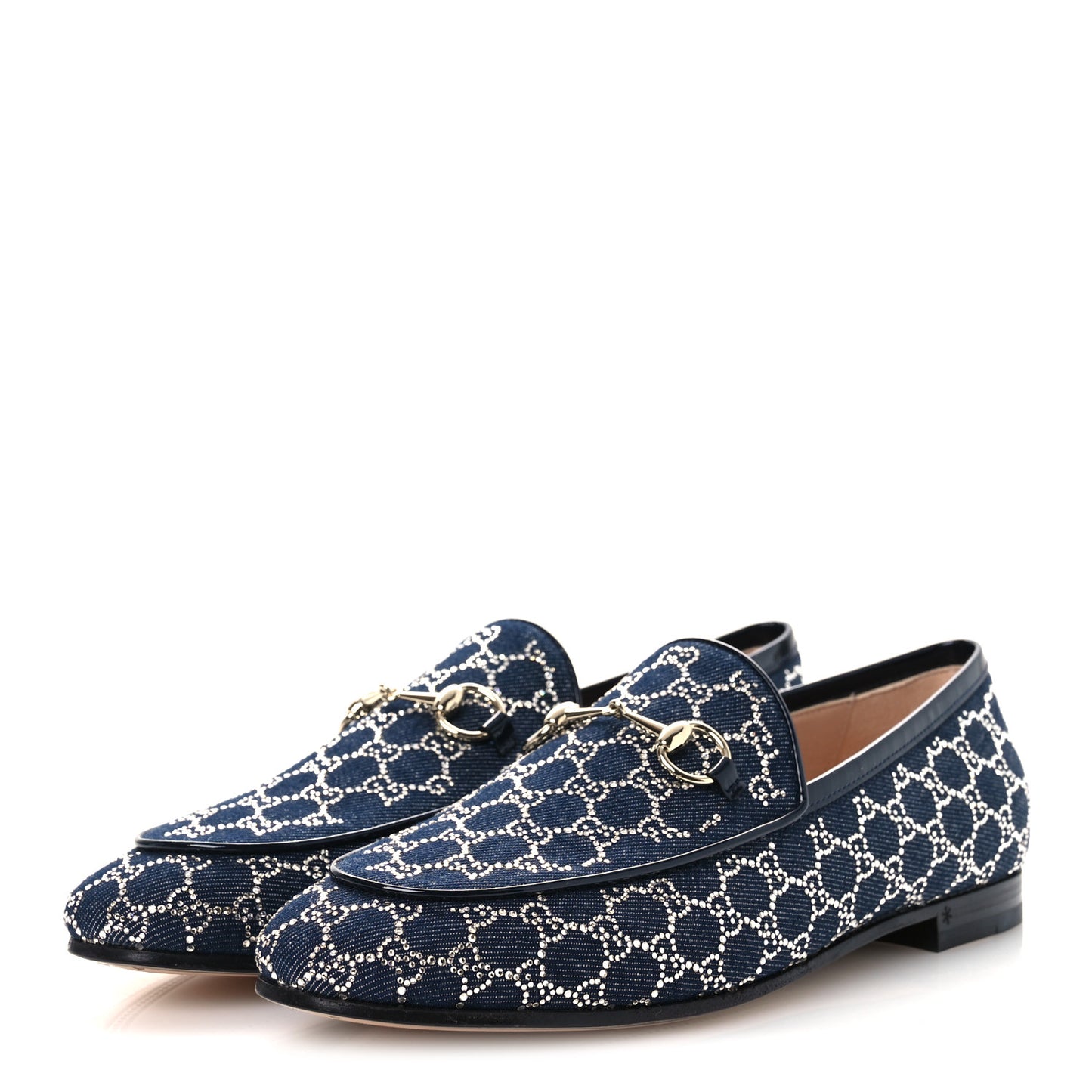 Denim Crystal GG Monogram Horsebit Womens Jordaan Loafers 39.5 Deep Blue Blue Milad