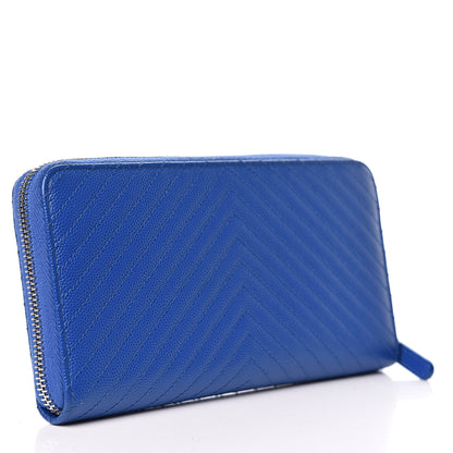 Chanel Caviar Chevron Quilted Large Gusset Zip Around Wallet Bright Blue 3 of 11