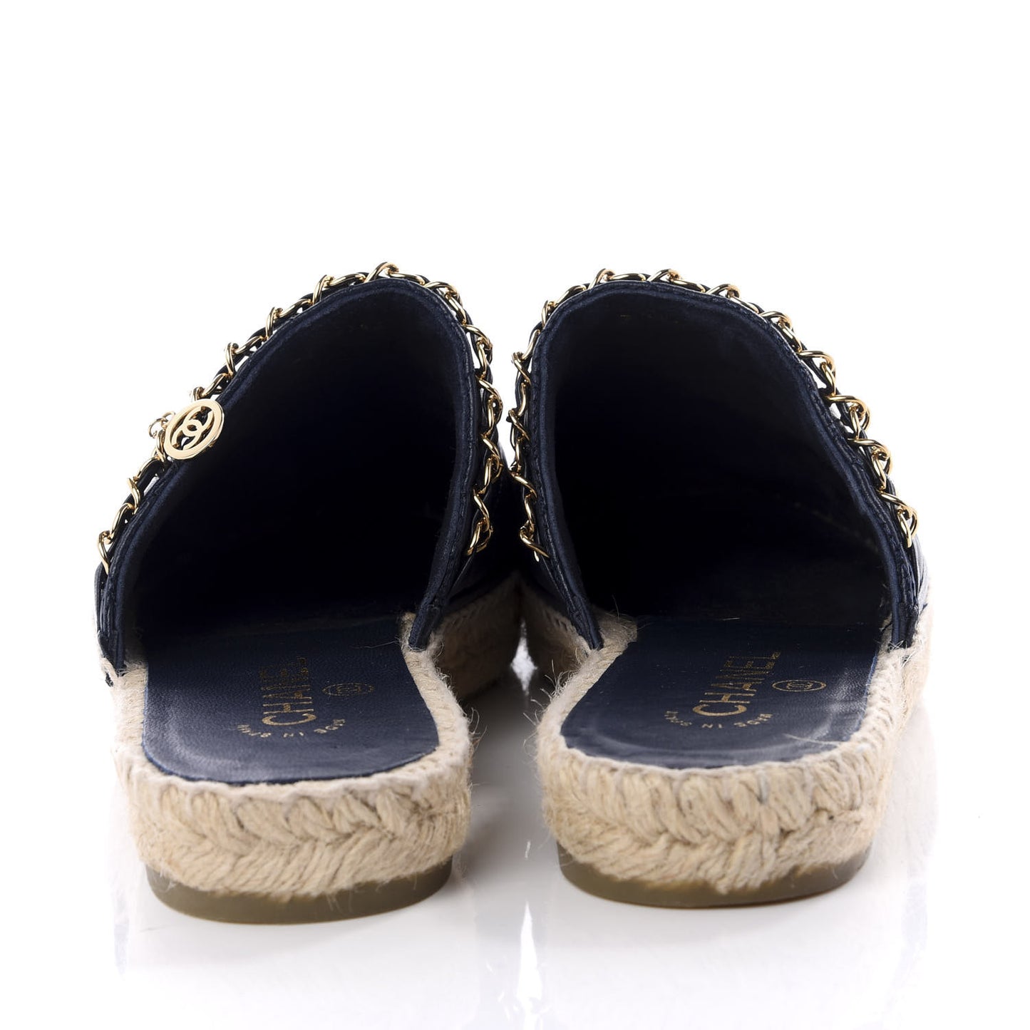 Lambskin Quilted CC Chain Espadrille Mules 38 Black Navy