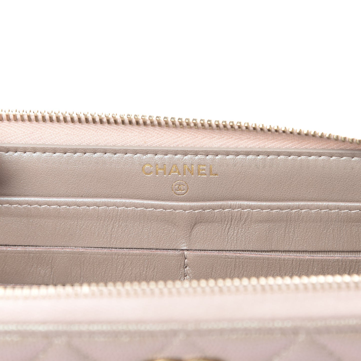 Iridescent Caviar Quilted Long Zip Around Wallet Beige