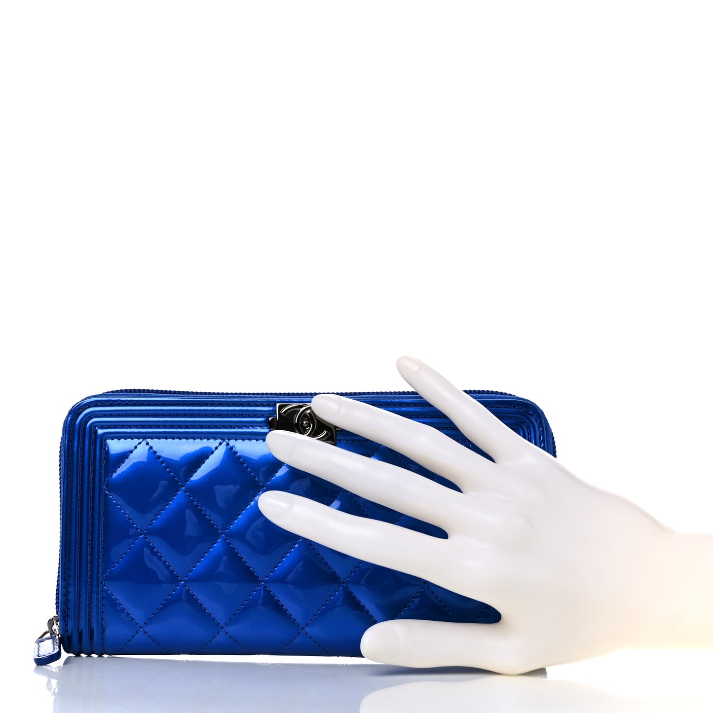 Metallic Patent Calfskin Quilted Boy L-Gusset Zip Wallet Blue