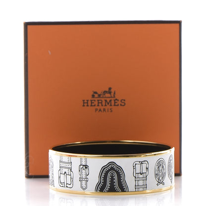 Hermes Enamel Printed Harnais Des Presidents Wide Bracelet 70 White Black 6 of 6