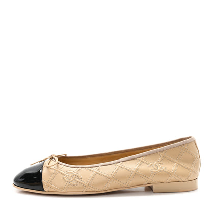 Chanel Lambskin Patent Double Stitched CC Cap Toe Ballerina Flats 41 Beige Black 1 of 9