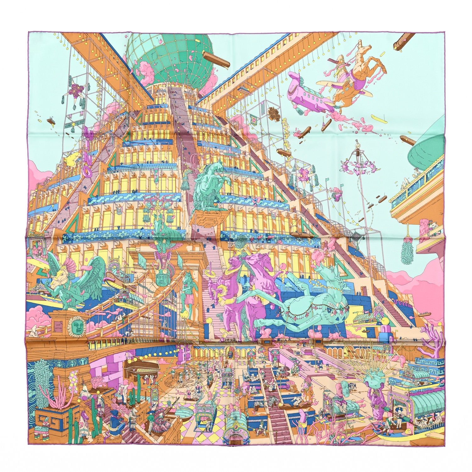 Hermes Silk La Legende Du Cheval Scarf 90 Mauve Aqua Camel 1 of 5