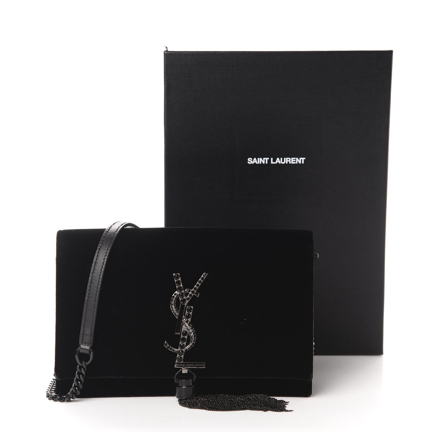 Velvet Crystal Monogram Kate Tassel Chain Wallet Black