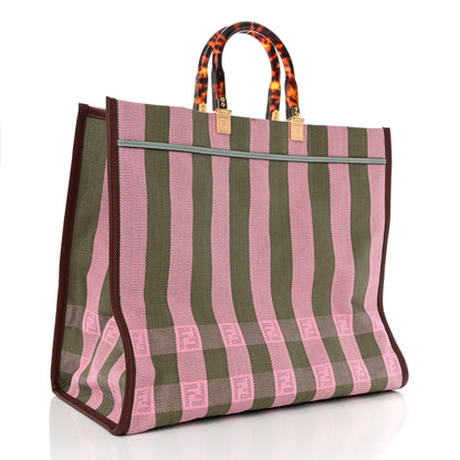 Fendi Raffia Vitello Seta Plexiglass Pequin Gingham Woven Large Fendi Sunshine Shopper Tote Military Rosa 3 of 10