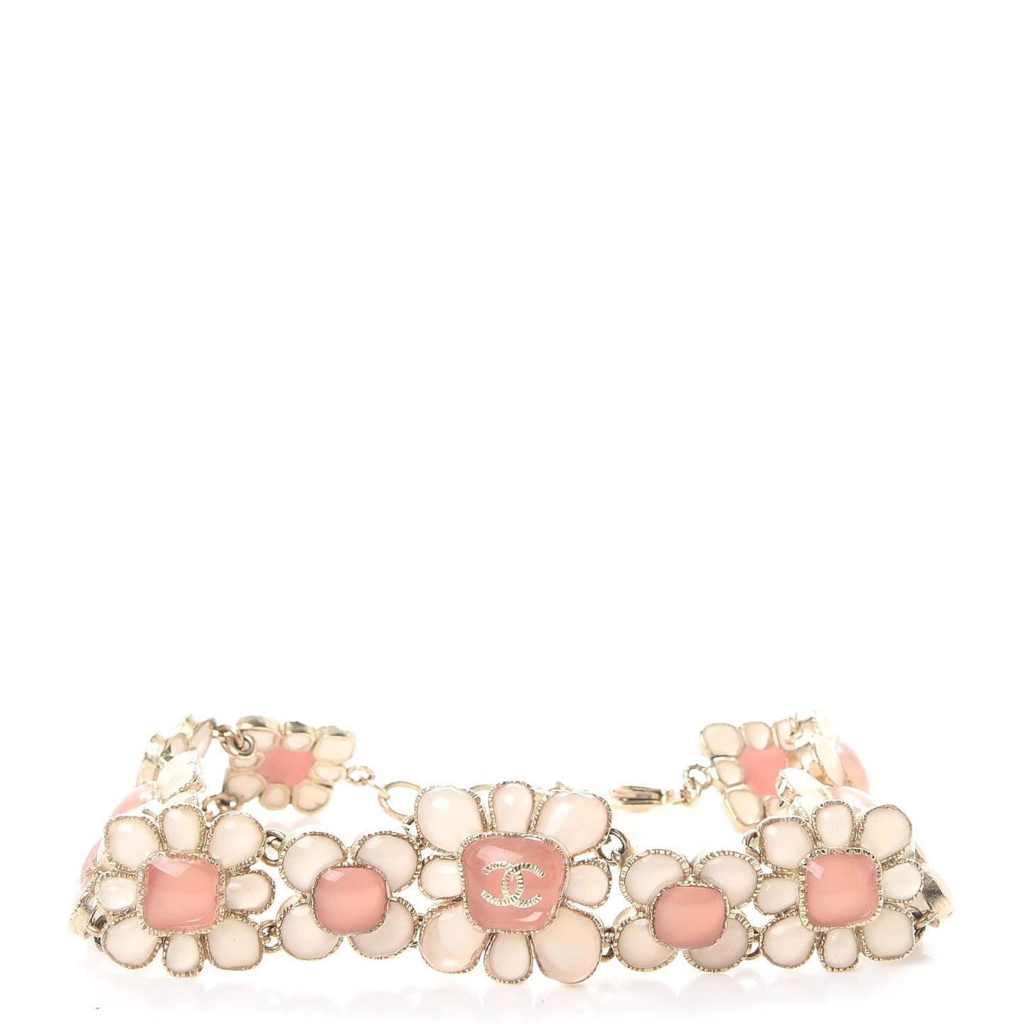 Gripoix Poured Glass CC Korean Blossom Choker Necklace Gold Pink White