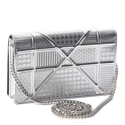 Christian Dior Metallic Patent Micro-Cannage Diorama Wallet on Chain Pouch Silver 2 of 8