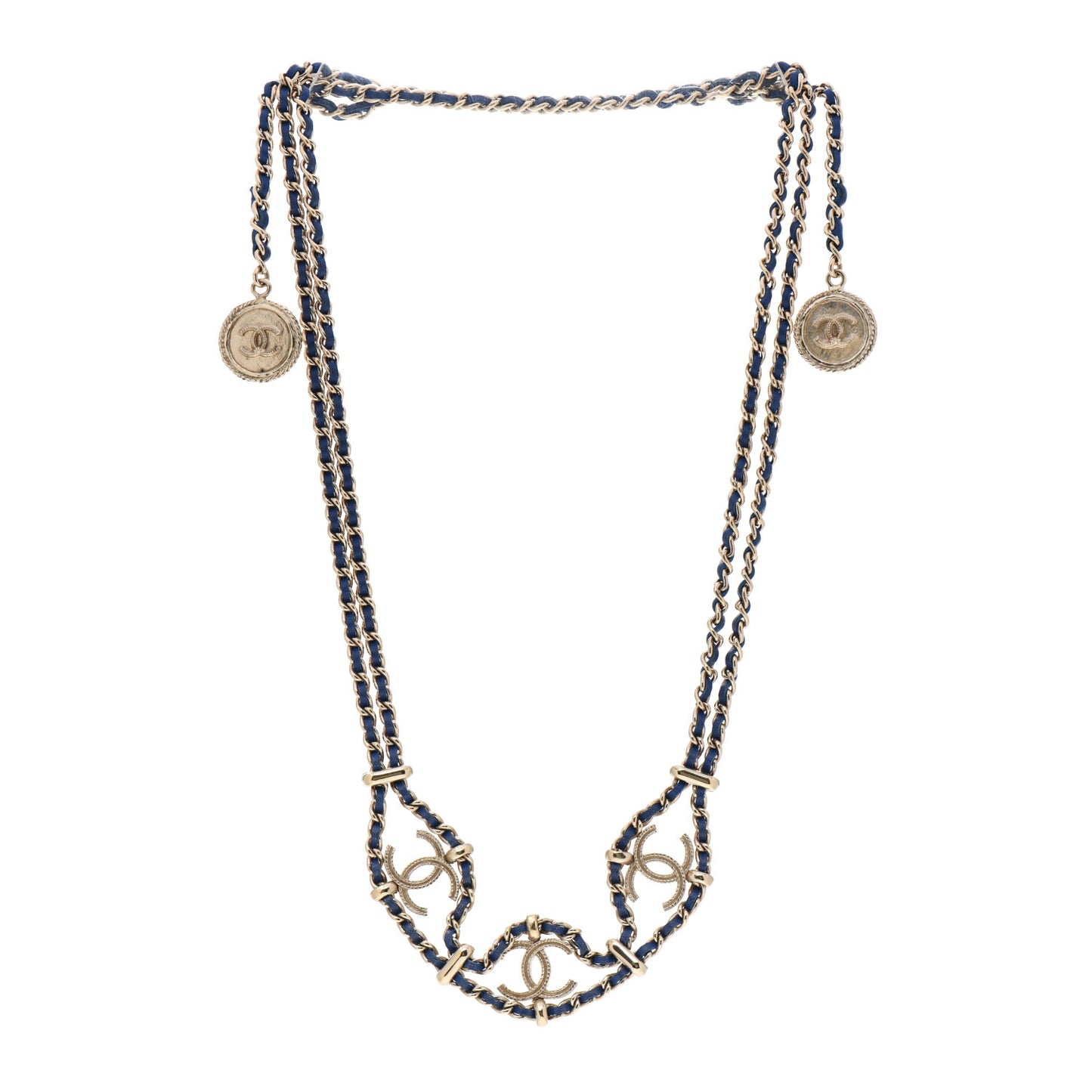 Metal Lambskin CC Chain Link Necklace Gold Blue