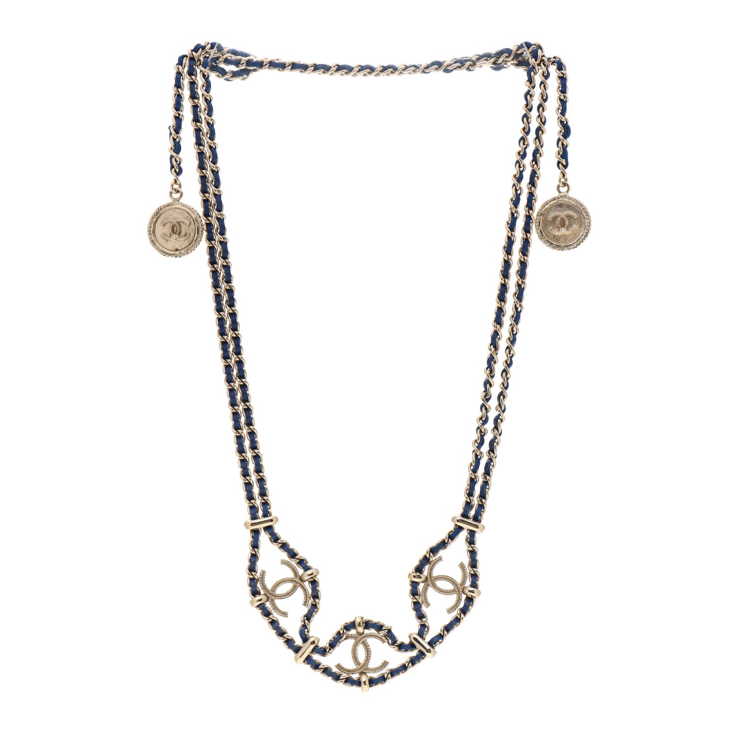 Chanel Metal Lambskin CC Chain Link Necklace Gold Blue 3 of 4