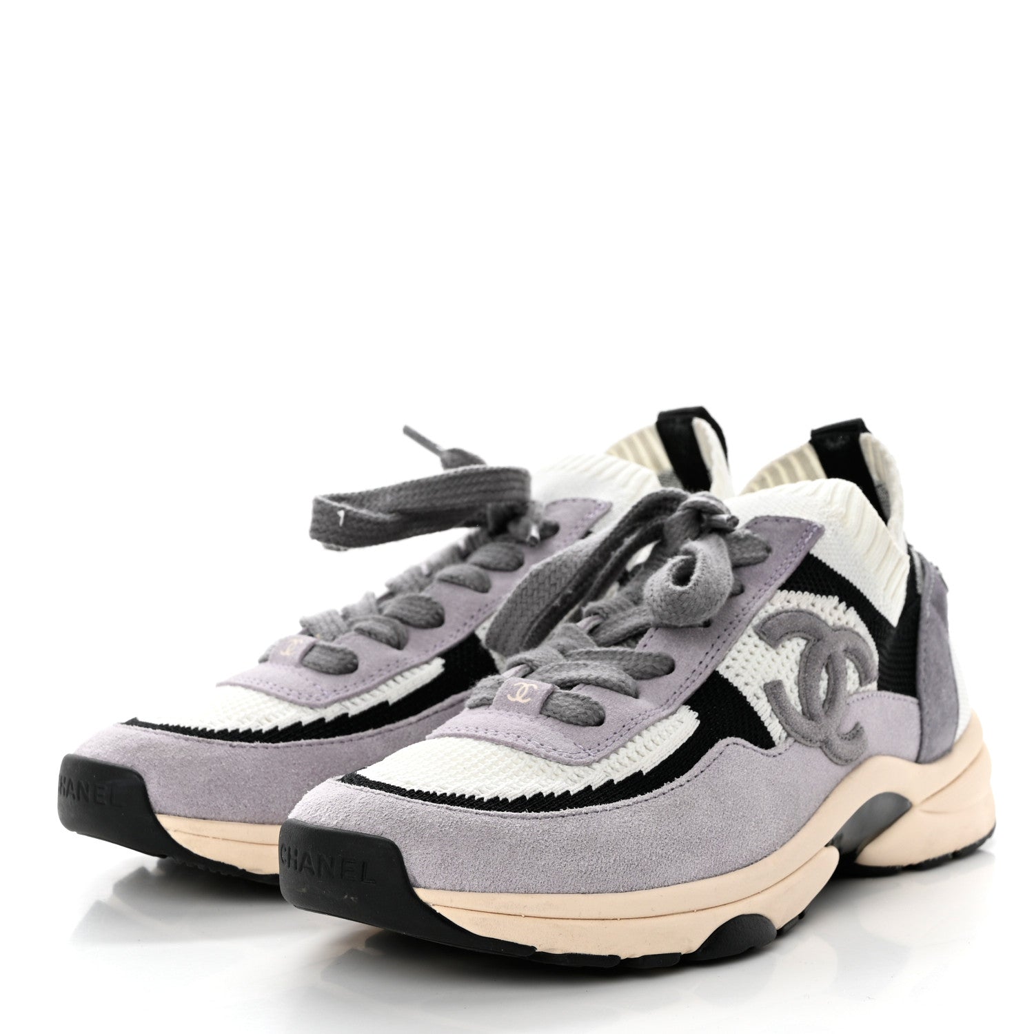 Chanel Mesh Suede Fabric Womens CC Sneakers 37.5 White Black Purple Dark Purple 3 of 6