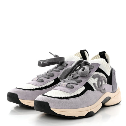 Chanel Mesh Suede Fabric Womens CC Sneakers 37.5 White Black Purple Dark Purple 3 of 6