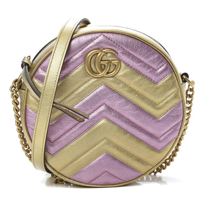Gucci Metallic Calfskin Matelasse Mini GG Marmont Round Shoulder Bag Gold Pink 1 of 10