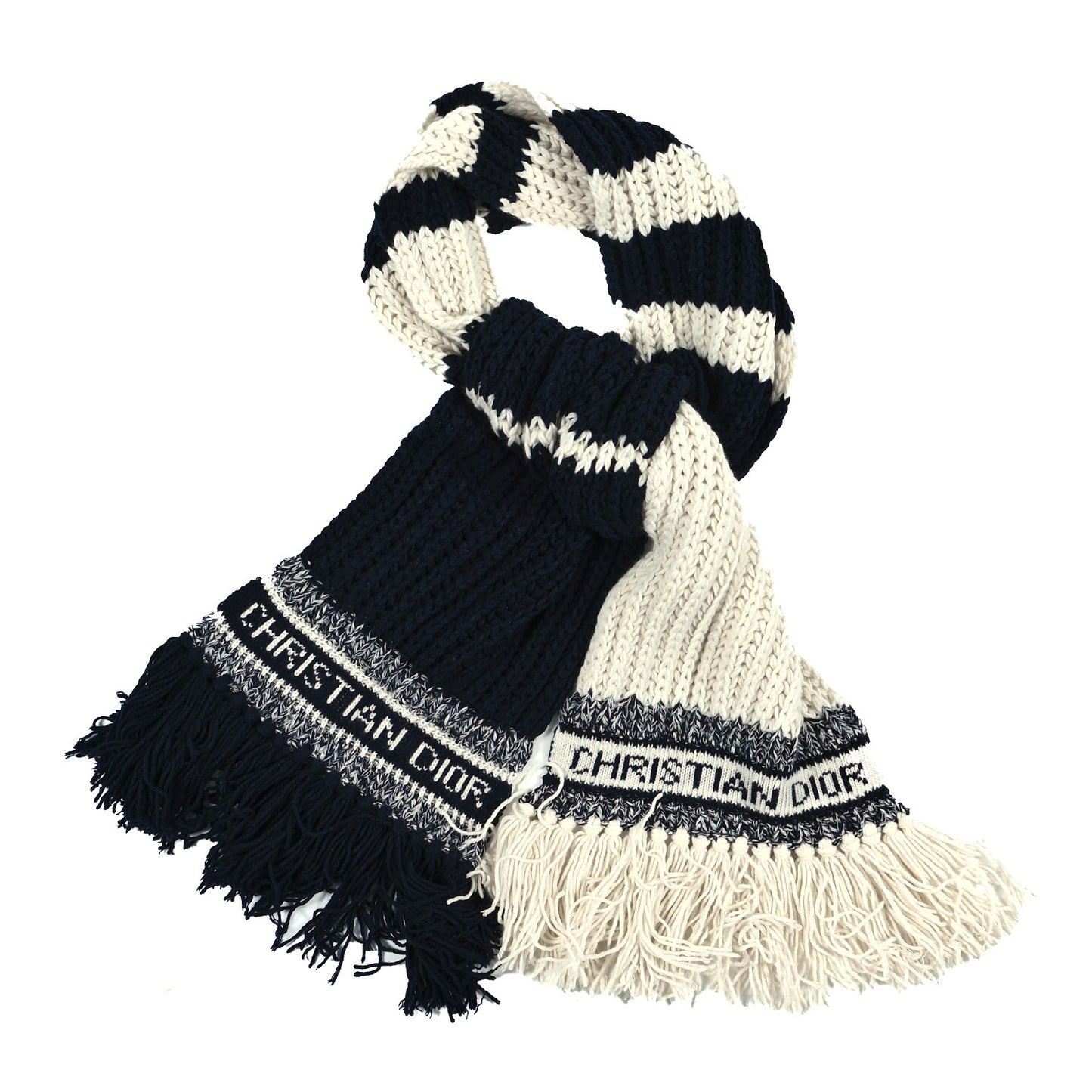 Wool Cashmere Knit Stripe Scarf Blue White