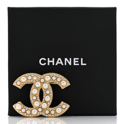 Chanel Metal Crystal Graduated Pearl CC Brooch Gold 5 of 5