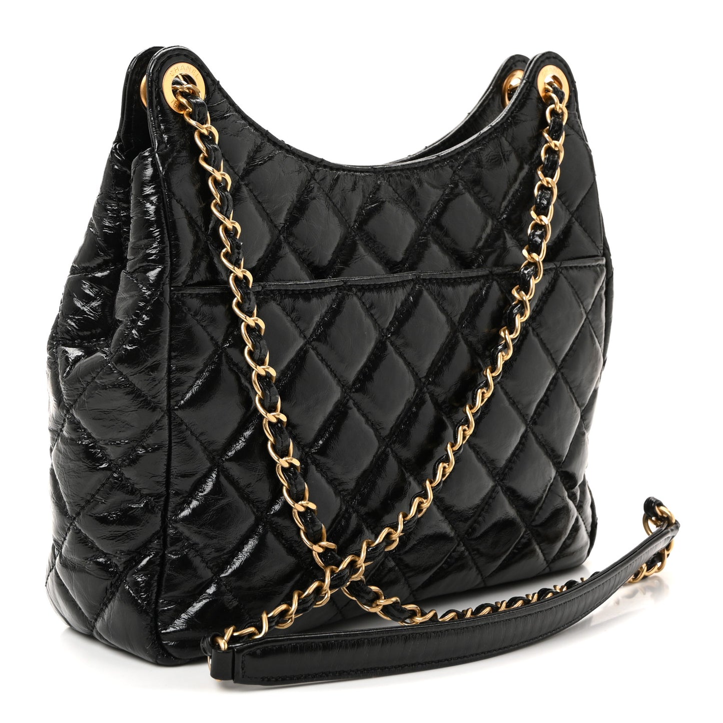 Shiny Crumpled Calfskin Quilted Wavy CC Hobo Black
