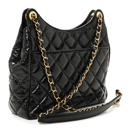 Chanel Shiny Crumpled Calfskin Quilted Wavy CC Hobo Black 3 of 9